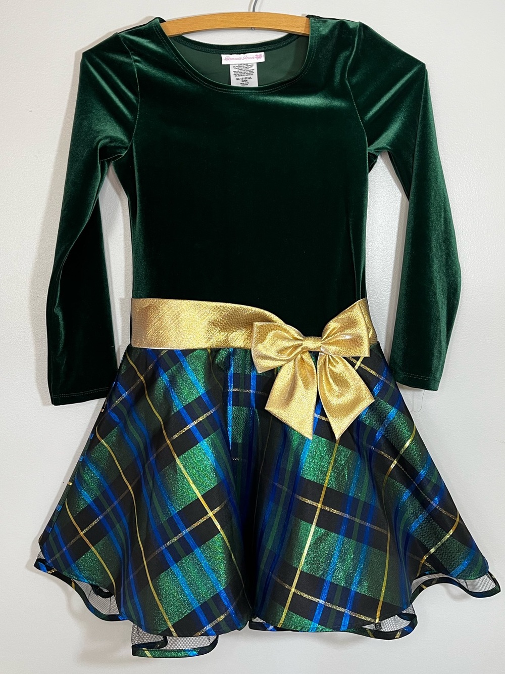 Bonnie Jean Emerald Green Velvet Plaid Holiday Dress with Gold Bow Girls 8